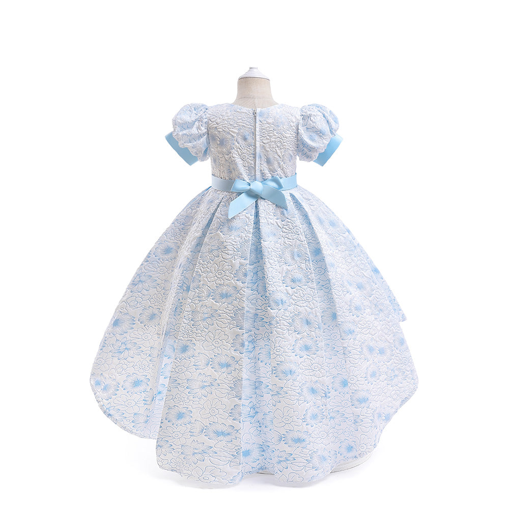 Blue Girls Floral Embroidered Puff Sleeve Gown Dress