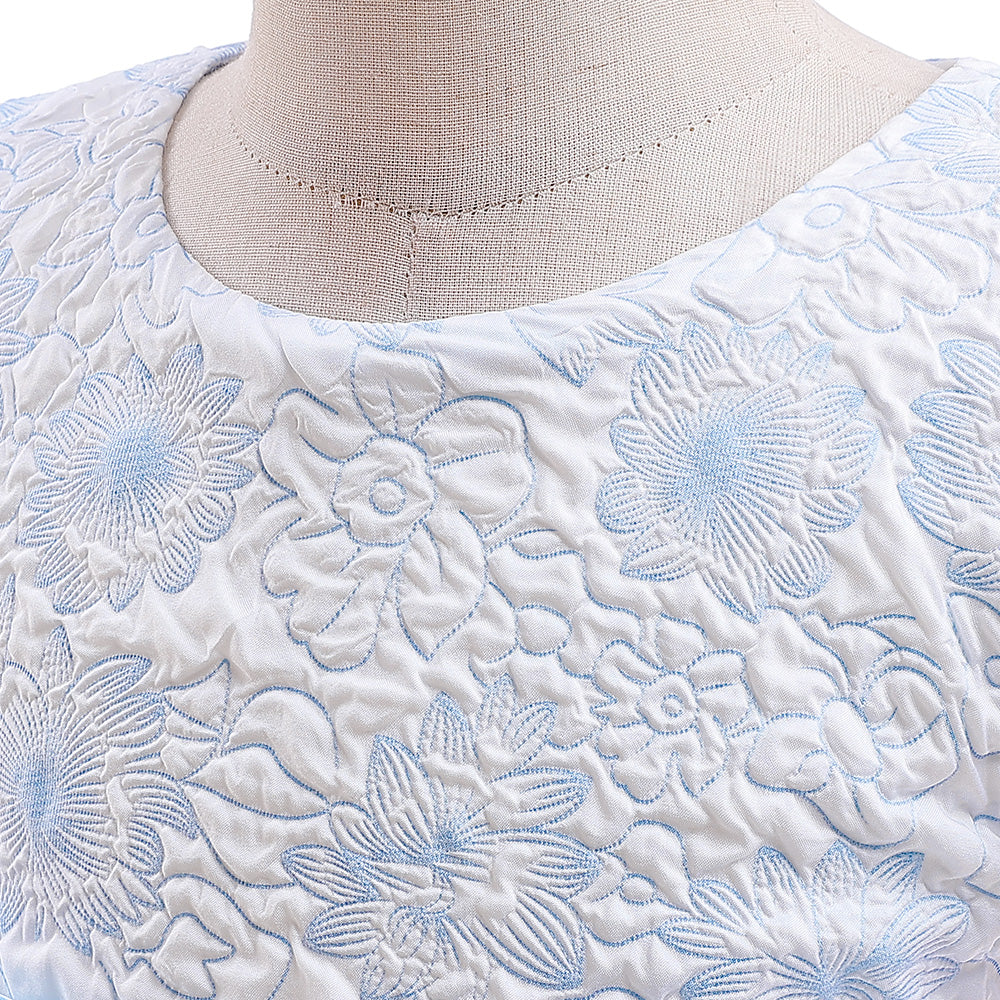Blue Girls Floral Embroidered Puff Sleeve Gown Dress