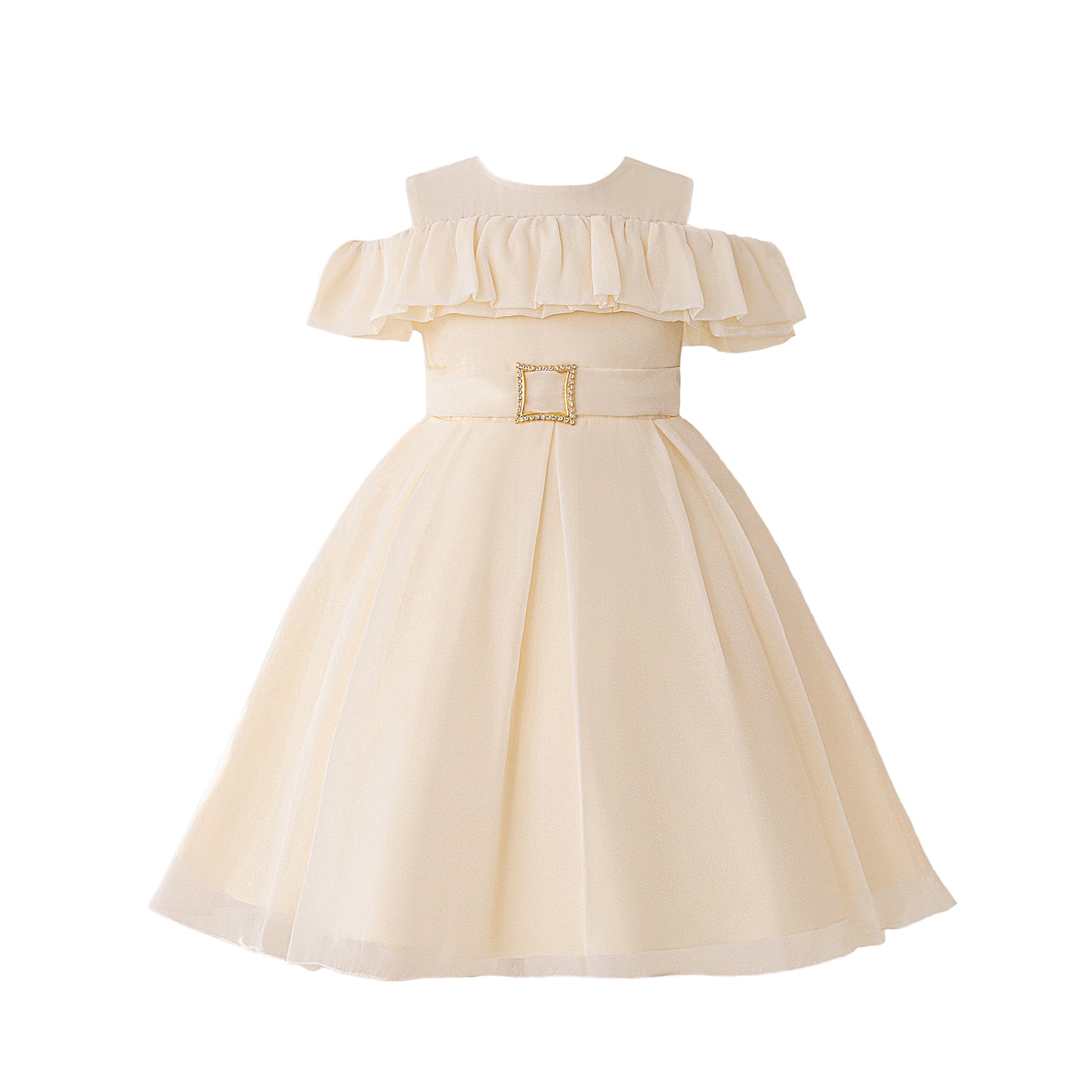 Girls Solid  Pleated Cold-Shoulder Georgette A-Line Midi Dress