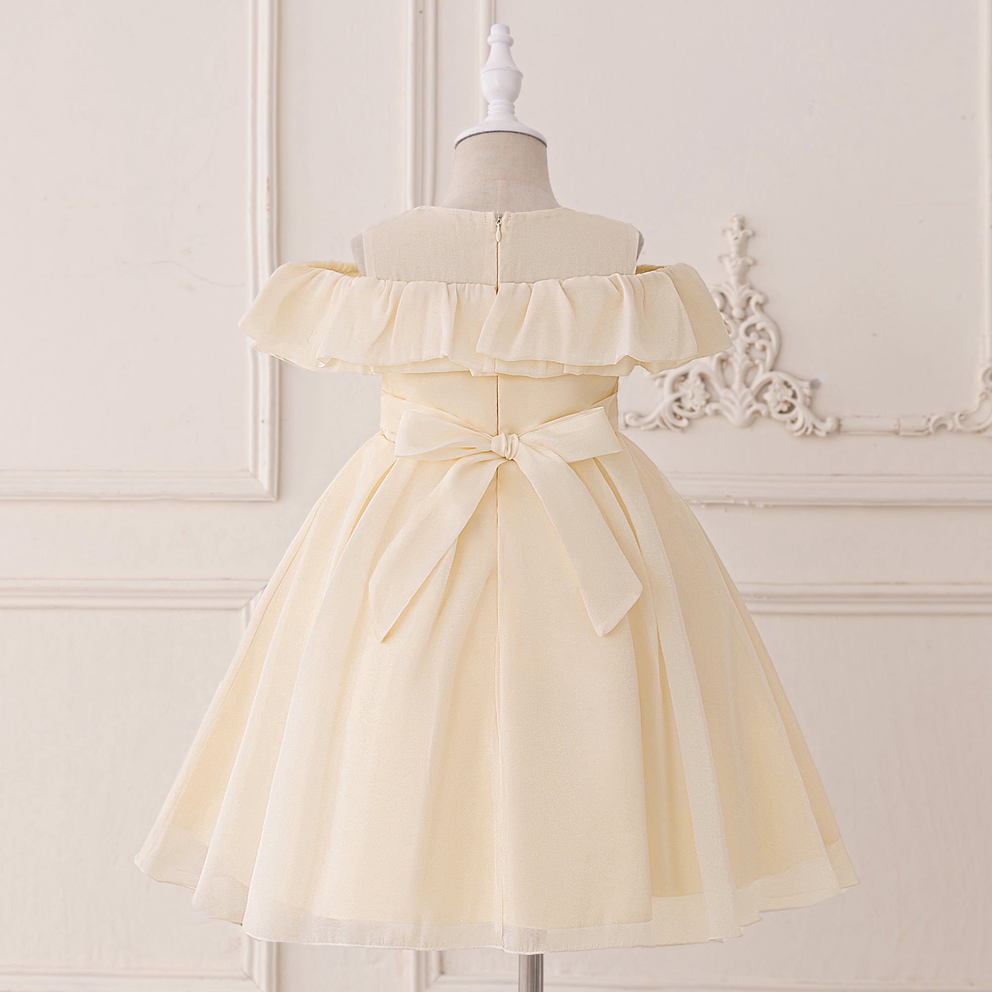 Girls Solid  Pleated Cold-Shoulder Georgette A-Line Midi Dress