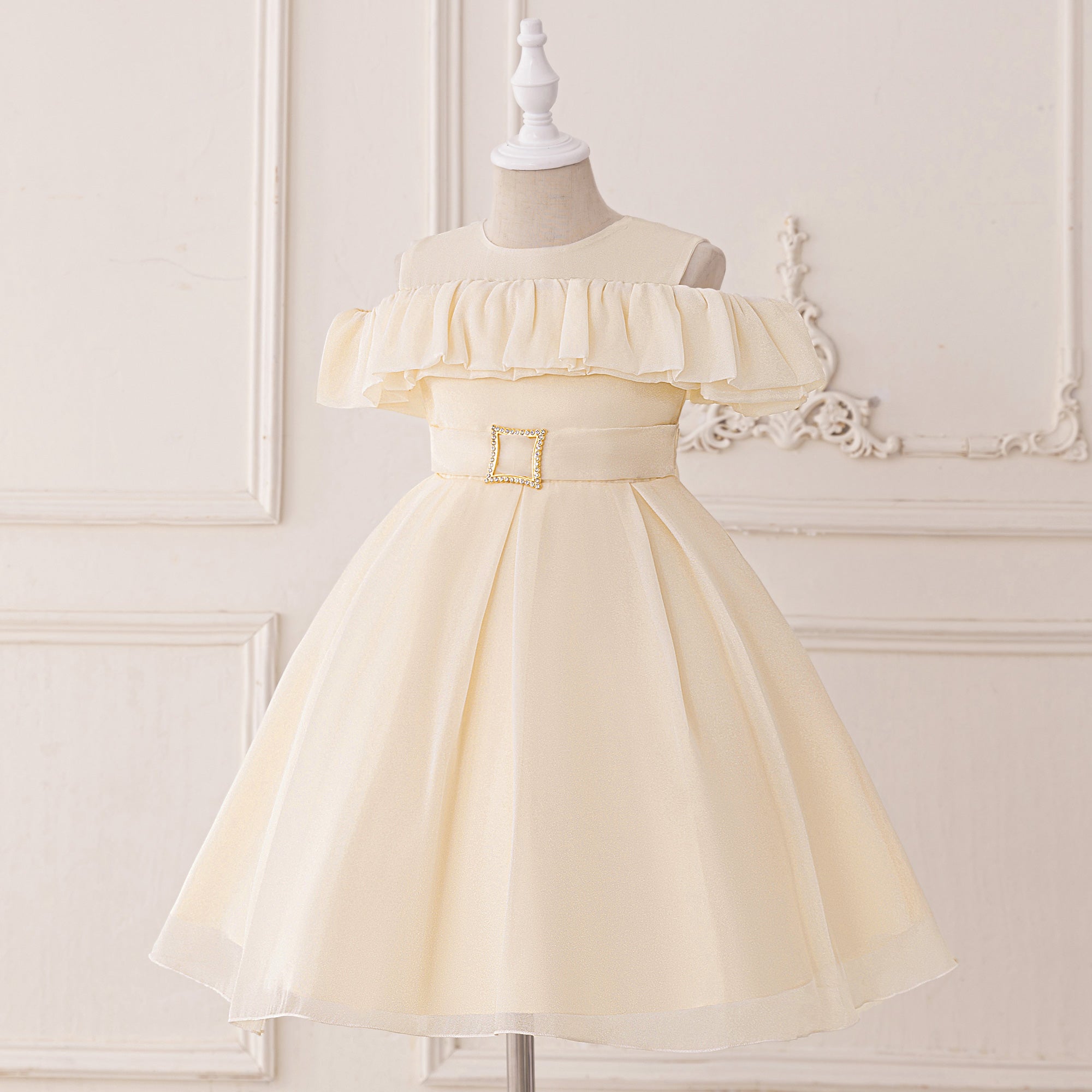 Girls Solid  Pleated Cold-Shoulder Georgette A-Line Midi Dress