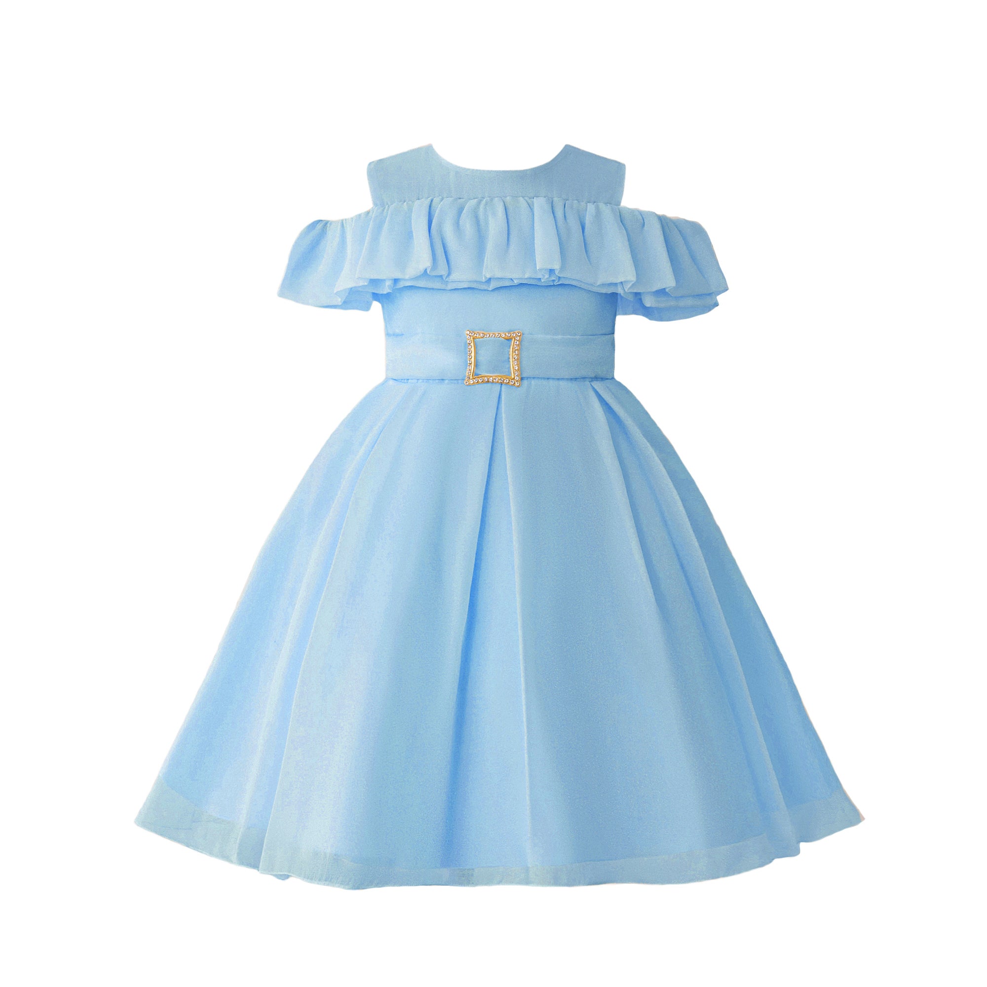 Girls Solid Embellished Cold-Shoulder Sleeves A-Line Midi Dress