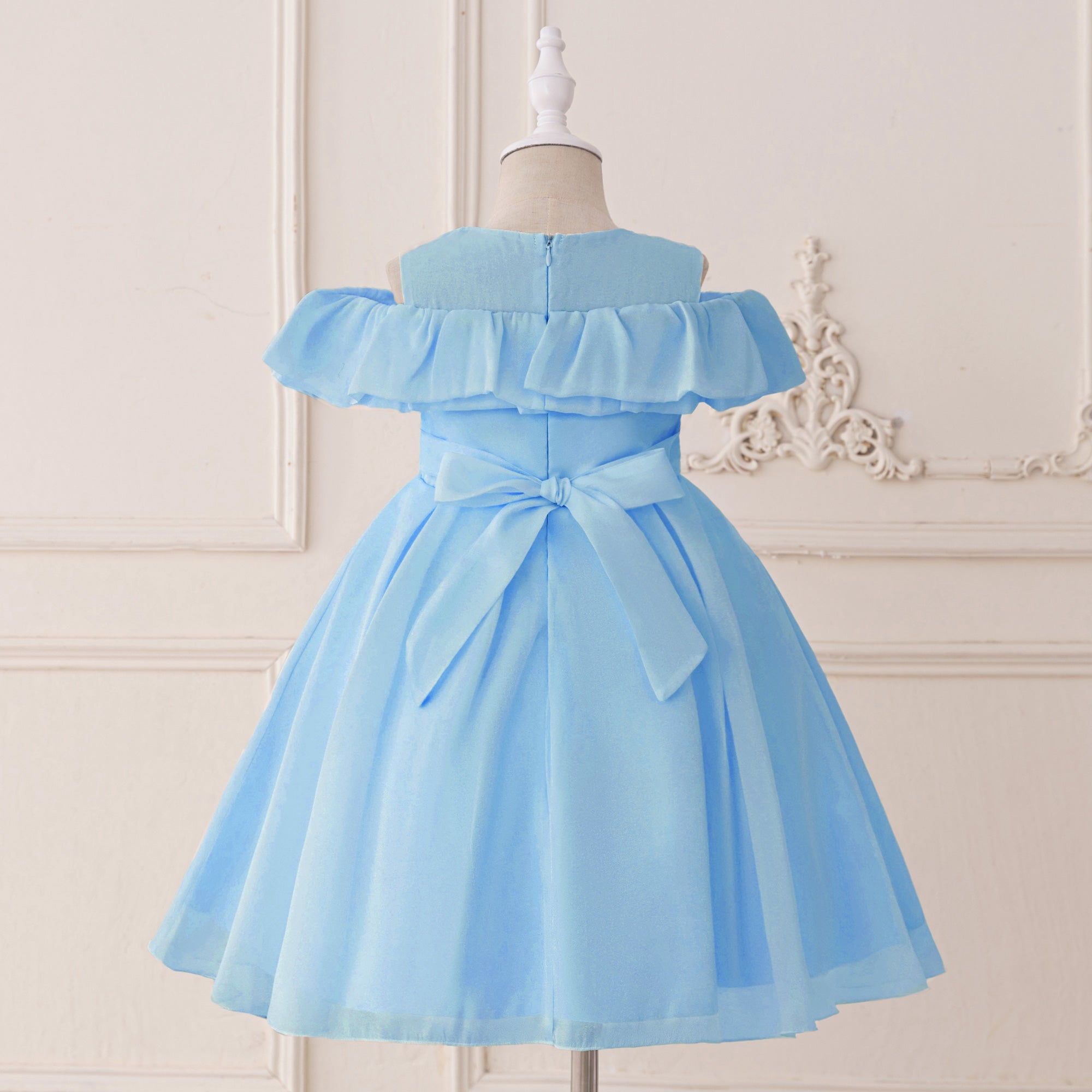 Girls Solid Embellished Cold-Shoulder Sleeves A-Line Midi Dress