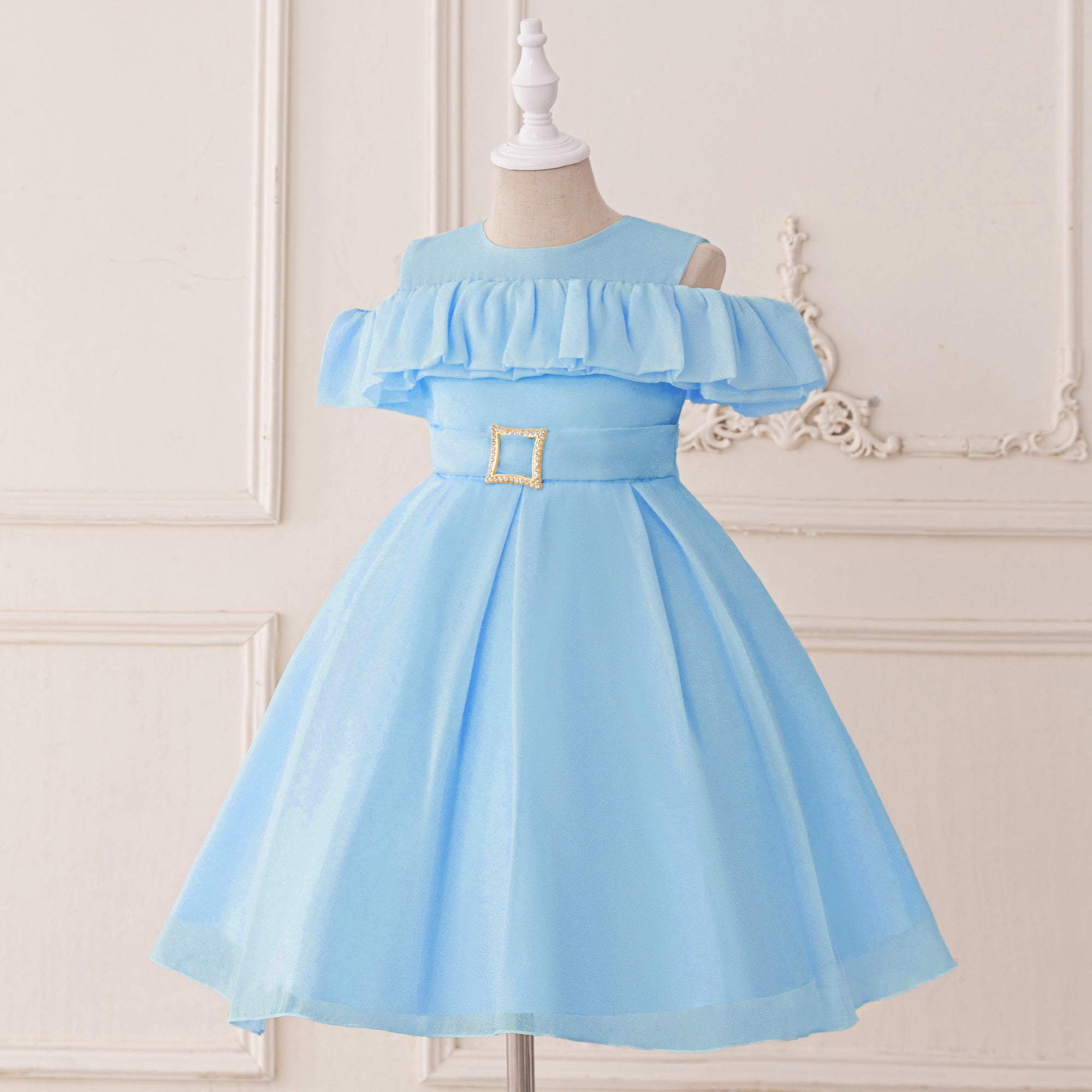 Girls Solid Embellished Cold-Shoulder Sleeves A-Line Midi Dress