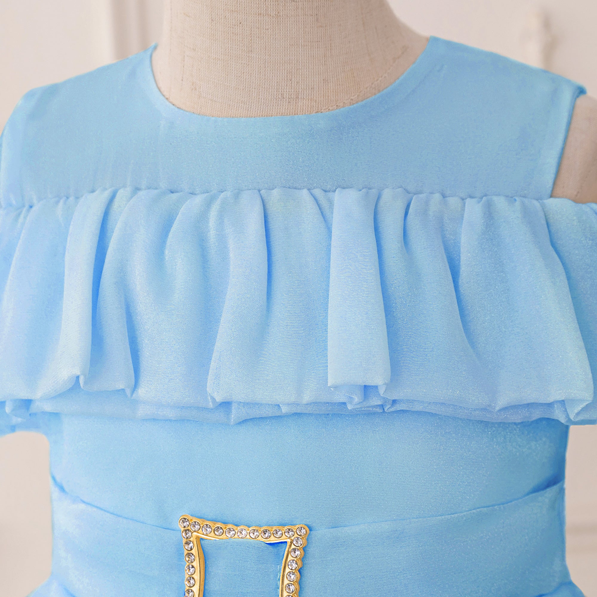 Girls Solid Embellished Cold-Shoulder Sleeves A-Line Midi Dress