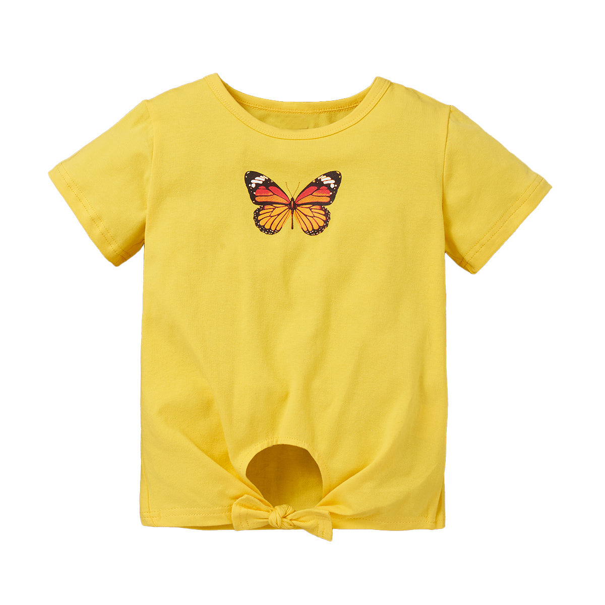 Girls Yellow Conversational Printed Round Neck Cotton Casual T-shirt