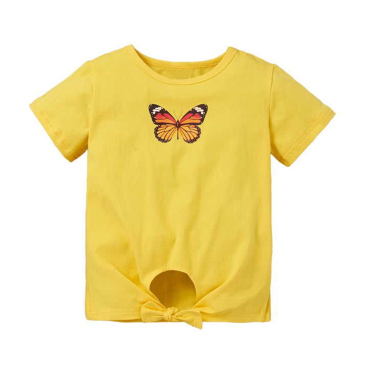 Girls Yellow Conversational Printed Round Neck Cotton Casual T-shirt