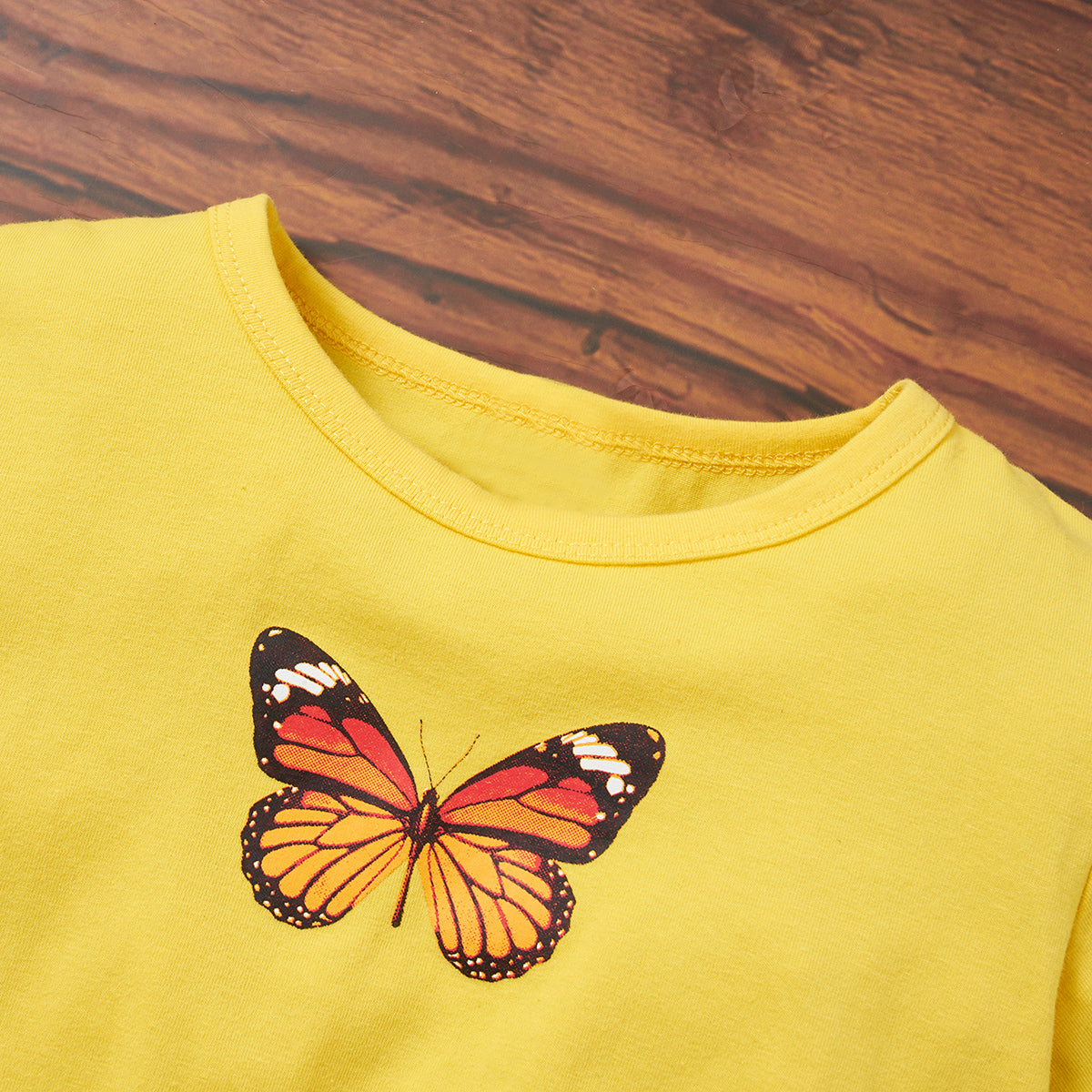 Girls Yellow Conversational Printed Round Neck Cotton Casual T-shirt