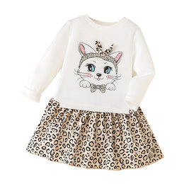 Girls White Graphic Printed Cotton Fit & Flare Dress