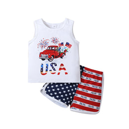 Boys White Typography Printed Sleeveless T-shirt with Shorts