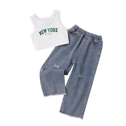 Blue Girls Printed Top with Trousers