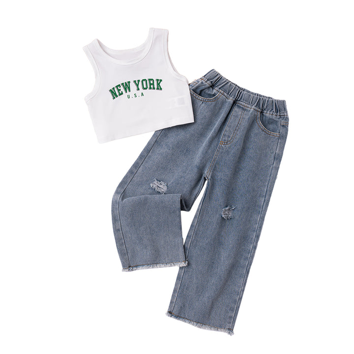 Blue Girls Printed Top with Trousers