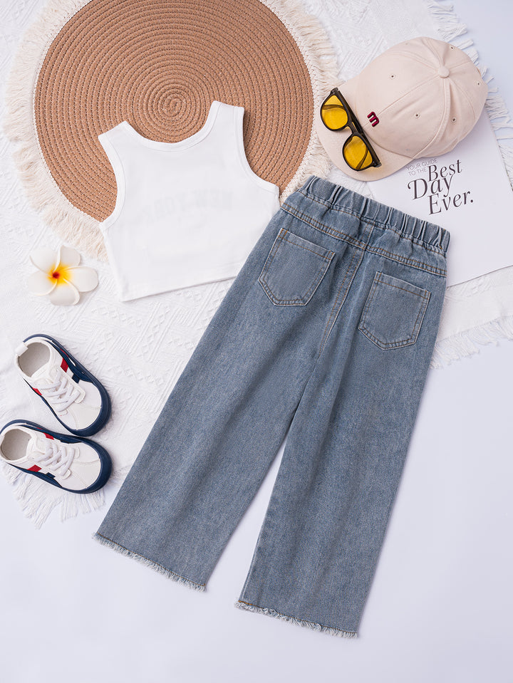 Blue Girls Printed Top with Trousers