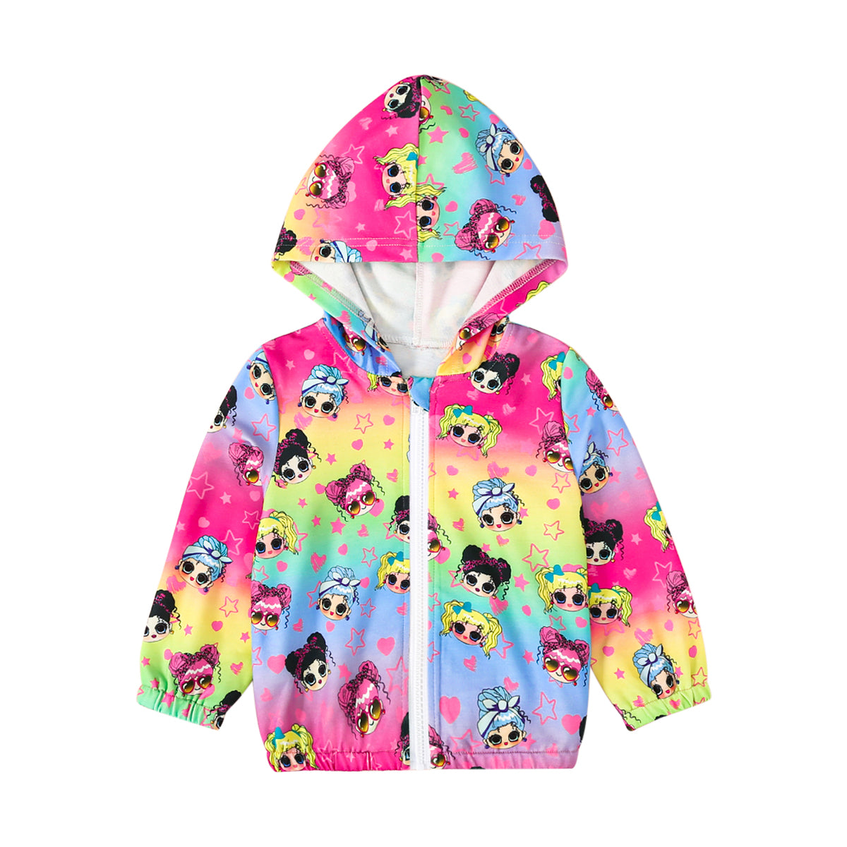 Girls Pink Conversational Printed Hooded Open Front Jacket