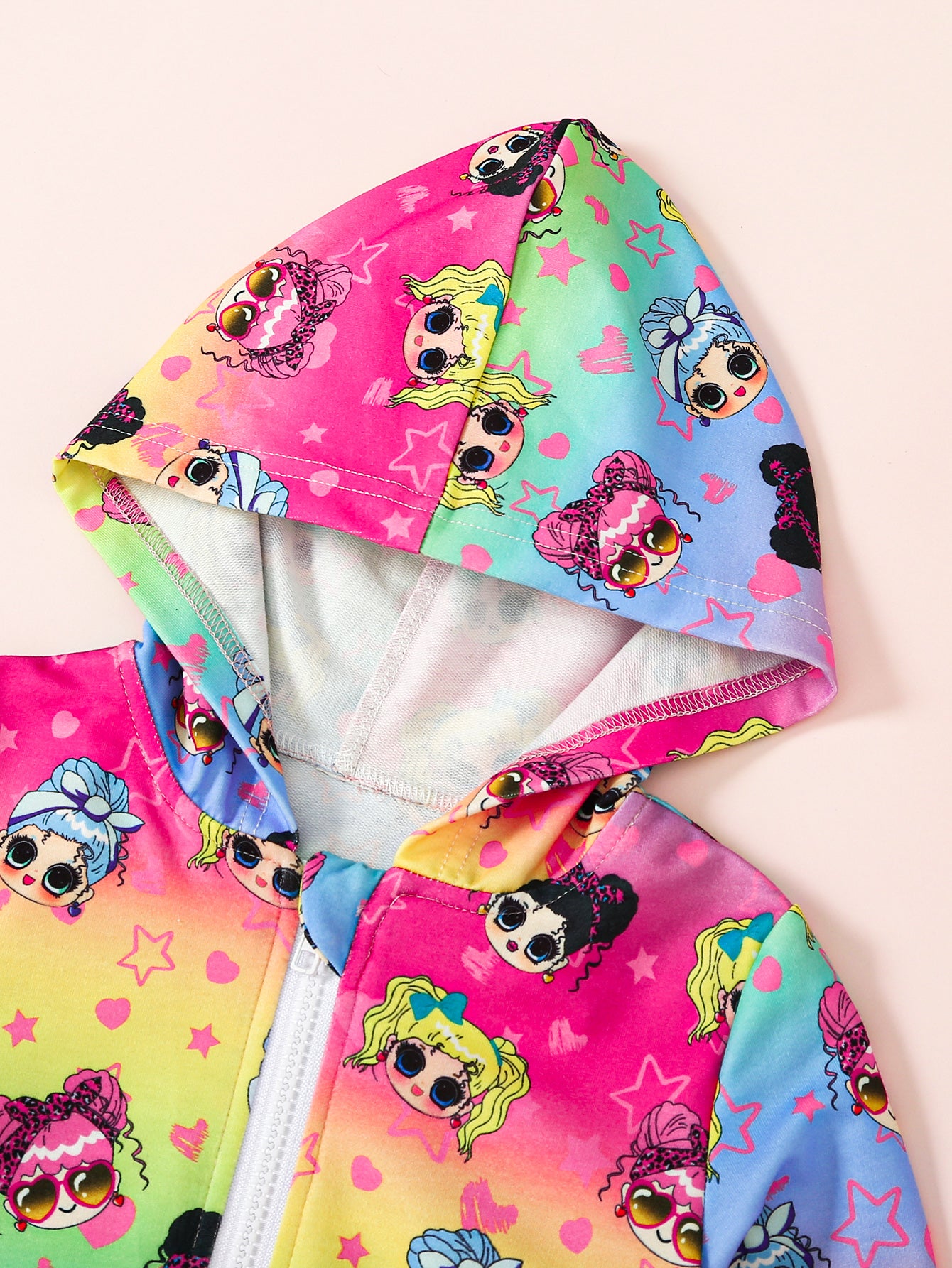 Girls Pink Conversational Printed Hooded Open Front Jacket