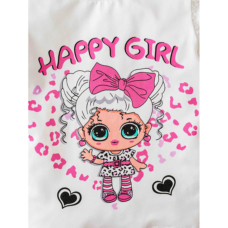 Girls White & Pink Printed Top with Skirt