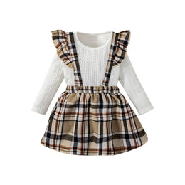 Girls White Self Designed Pure Cotton Top with Checked Skirt