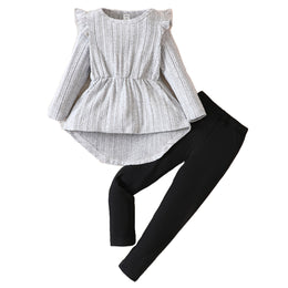 Girls Grey Self Design Ruffled Top with Leggings