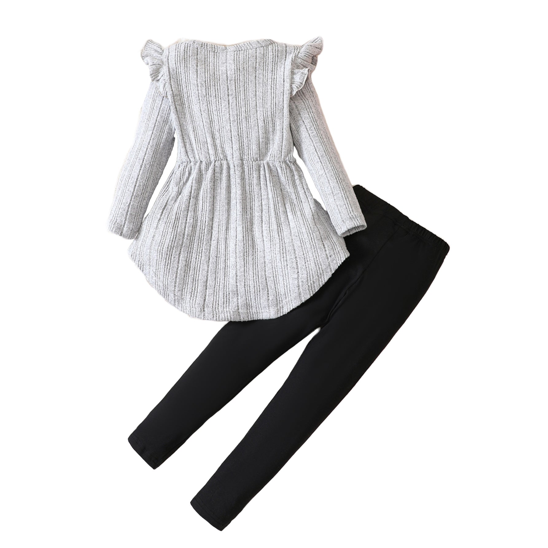 Girls Grey Self Design Ruffled Top with Leggings