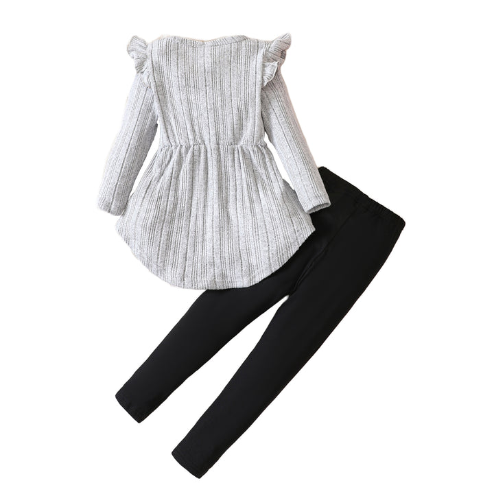 Girls Grey Self Design Ruffled Top with Leggings
