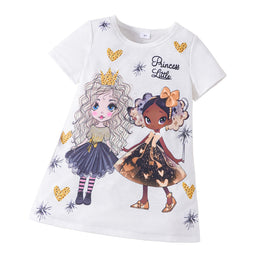Girl White Catoon Princess little Print A-Line Cotton Dress