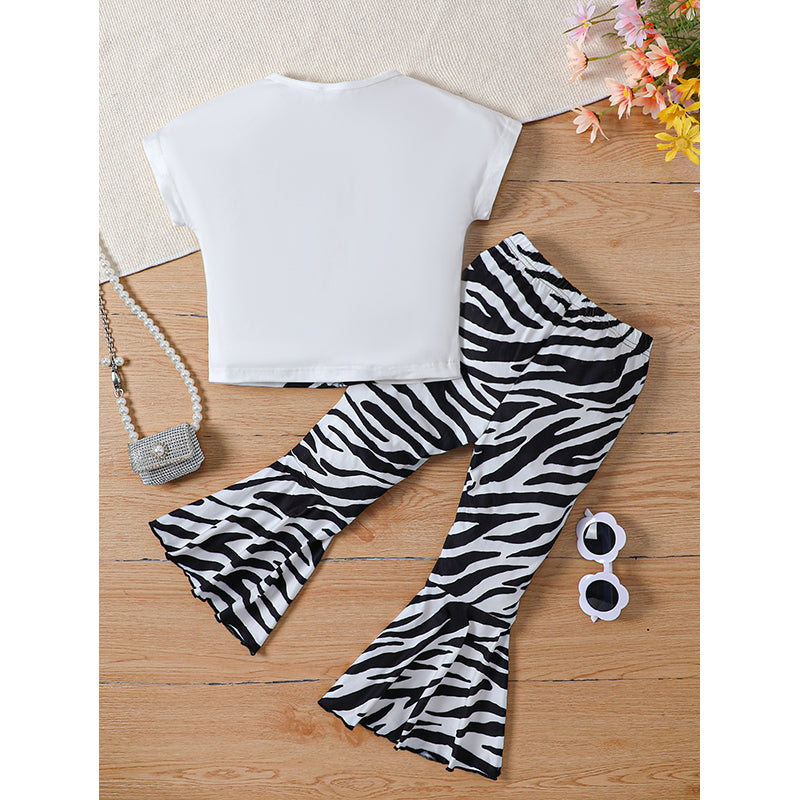 Girls Printed Short Sleeves Round Neck Cotton Top with Palazzos