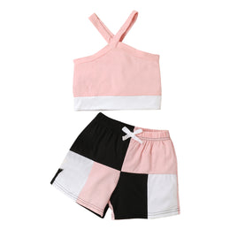 Girls Pink Colourblocked Pure Cotton Top With Shorts