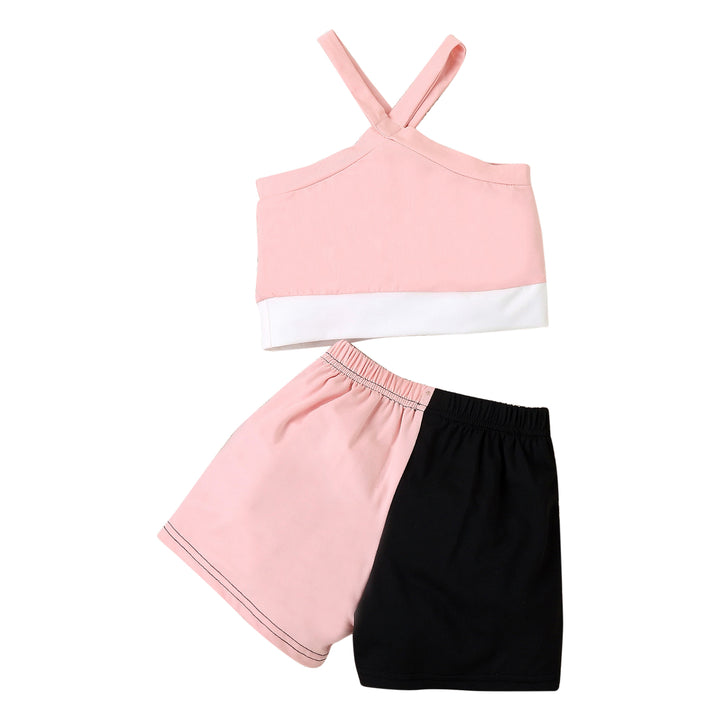 Girls Pink Colourblocked Pure Cotton Top With Shorts