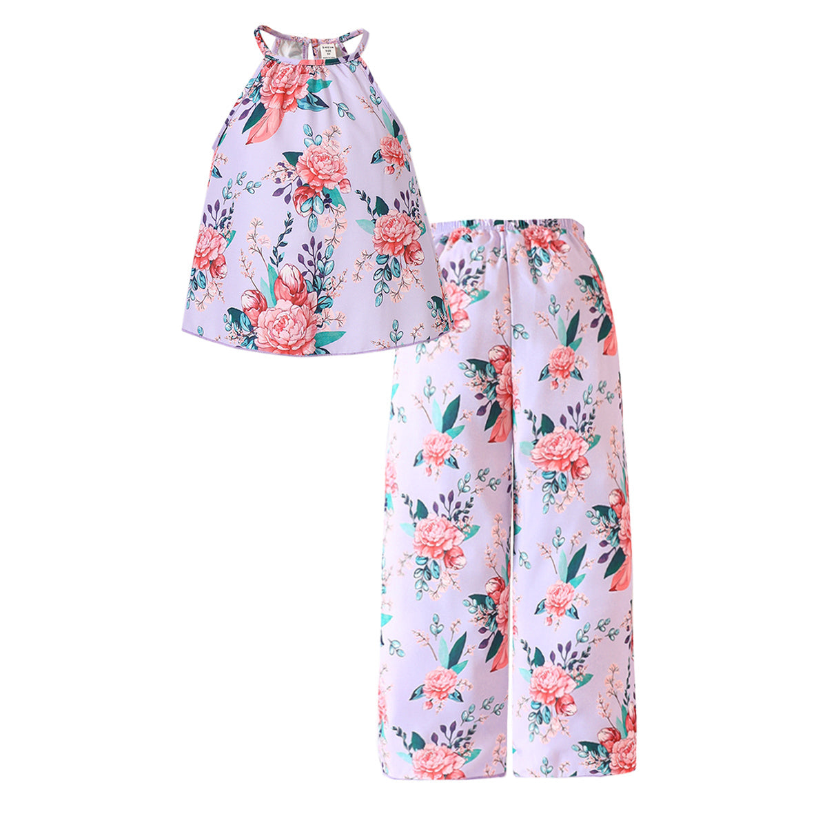 Girls Pink Floral Printed Cotton Top with Trousers