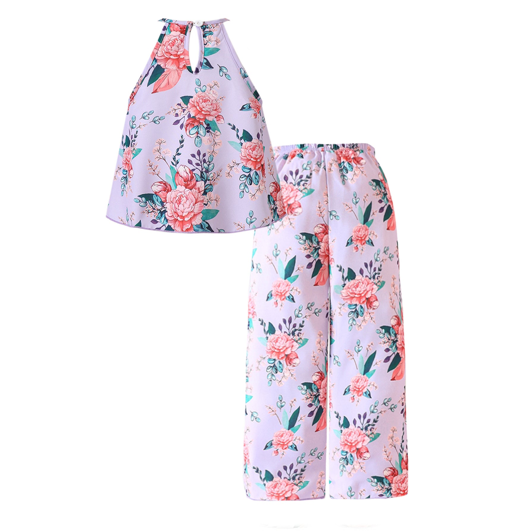Girls Pink Floral Printed Cotton Top with Trousers