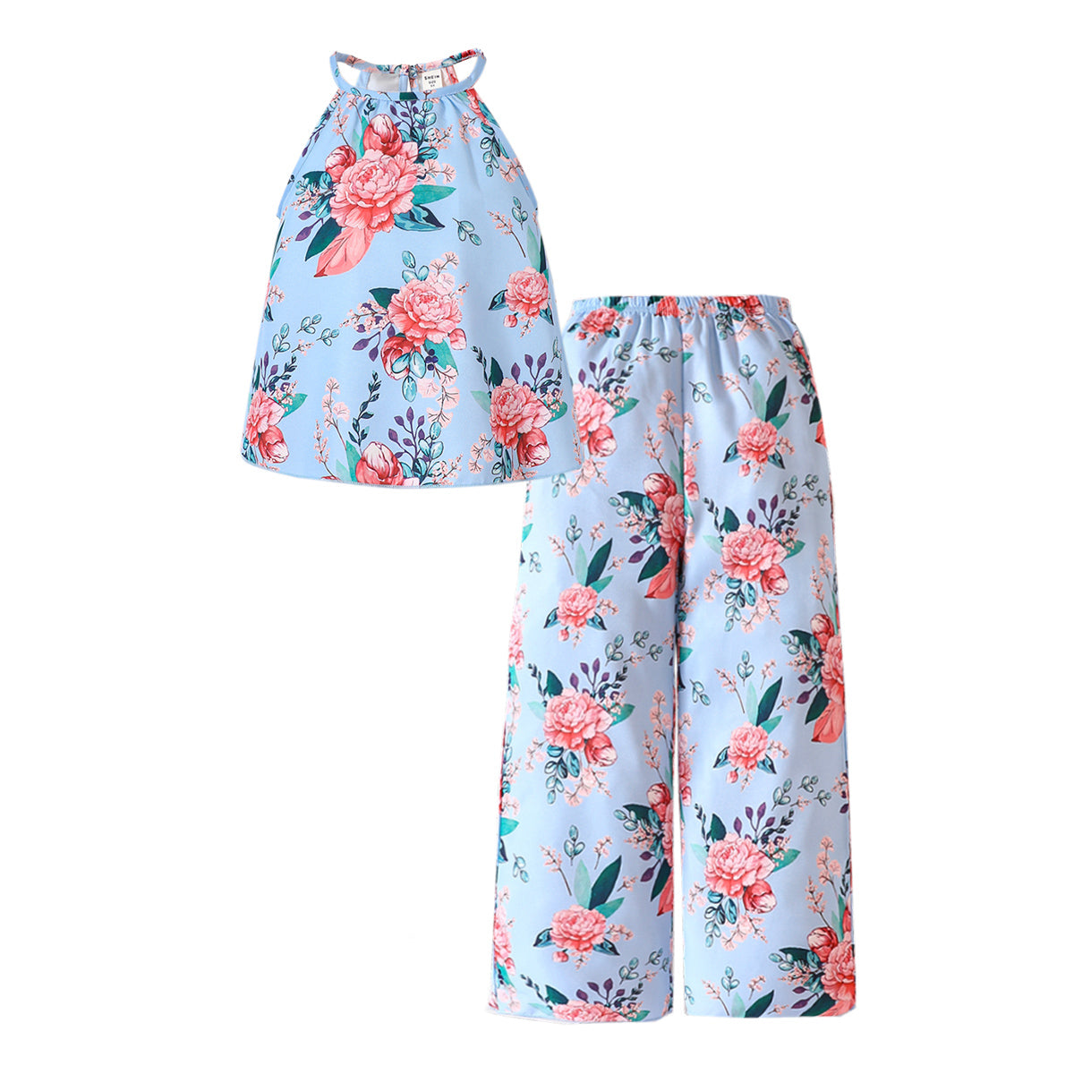 Girls Blue Floral Printed Halter Neck Top with Pyjamas