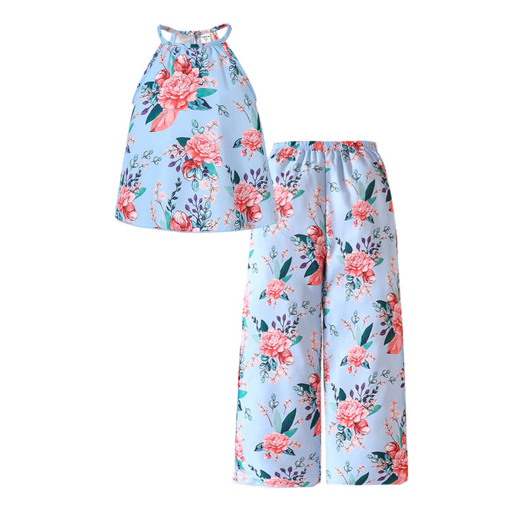 Girls Blue Floral Printed Halter Neck Top with Pyjamas