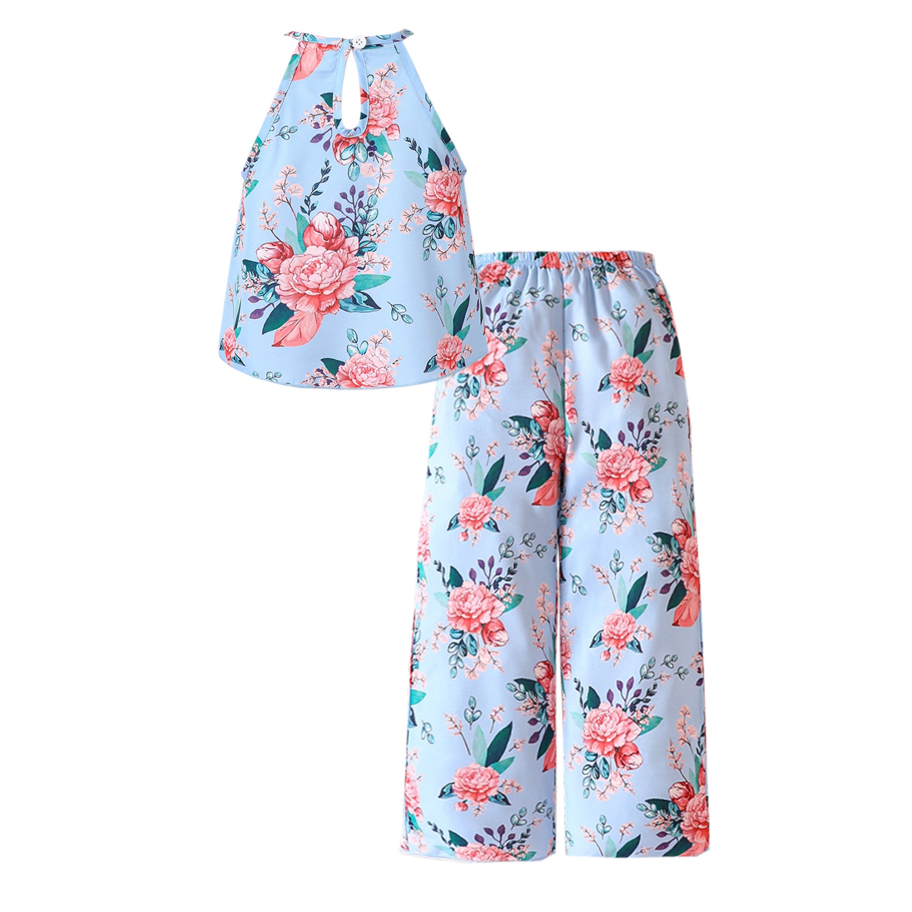 Girls Blue Floral Printed Halter Neck Top with Pyjamas