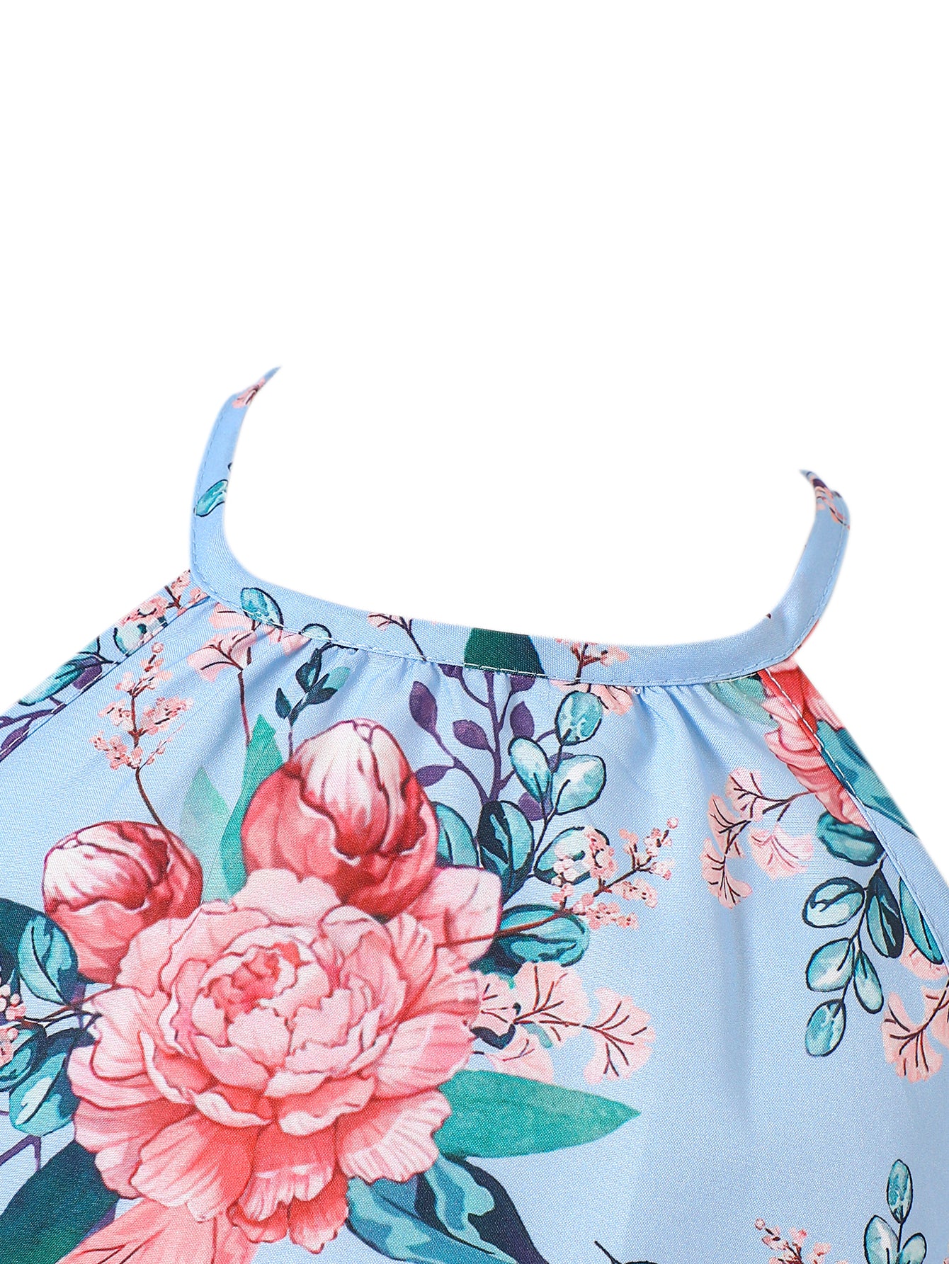 Girls Blue Floral Printed Halter Neck Top with Pyjamas