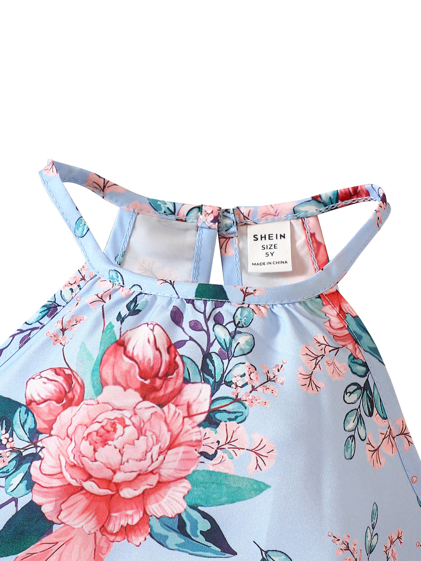 Girls Blue Floral Printed Halter Neck Top with Pyjamas