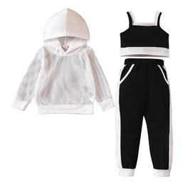 Girls White Shoulder Straps Top & Joggers With Hooded Sweatshirt