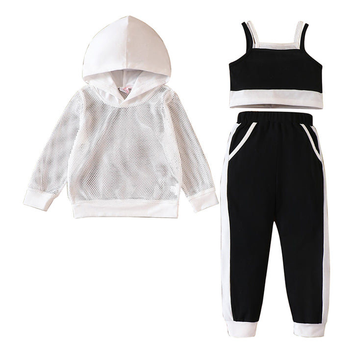 Girls White Shoulder Straps Top & Joggers With Hooded Sweatshirt