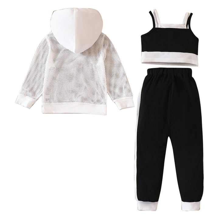 Girls White Shoulder Straps Top & Joggers With Hooded Sweatshirt