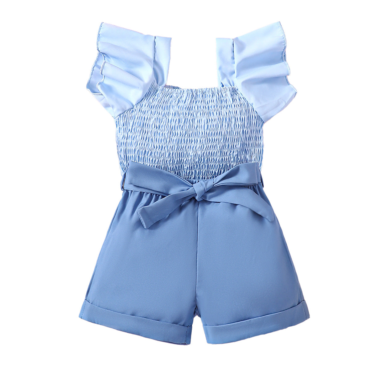 Girls Blue Square Neck Pure Cotton Top with Shorts