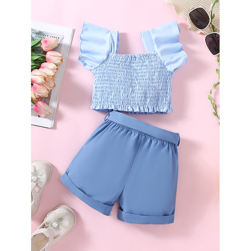 Girls Blue Square Neck Pure Cotton Top with Shorts