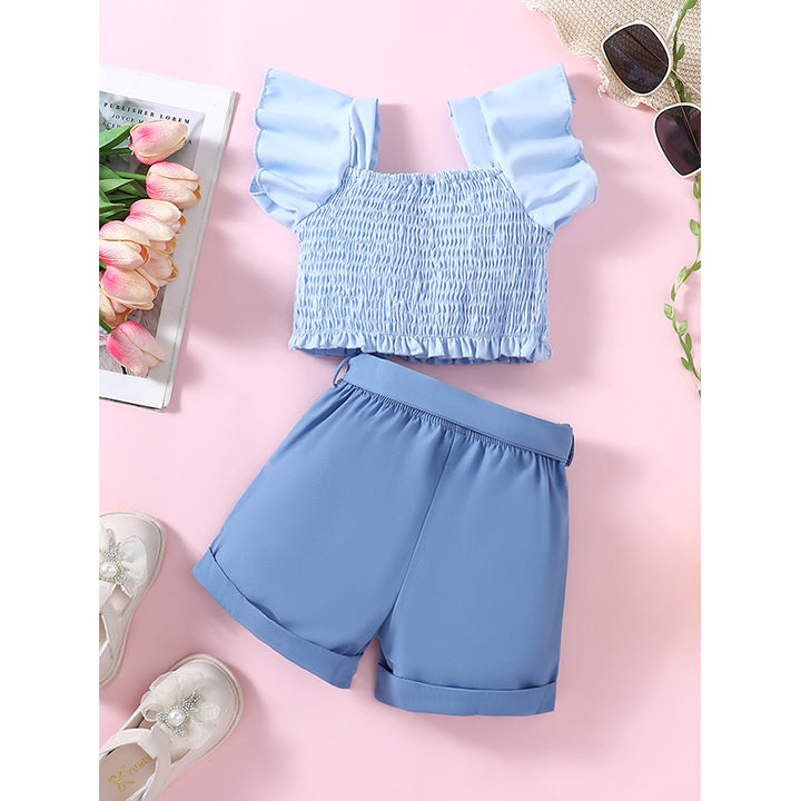 Girls Blue Square Neck Pure Cotton Top with Shorts