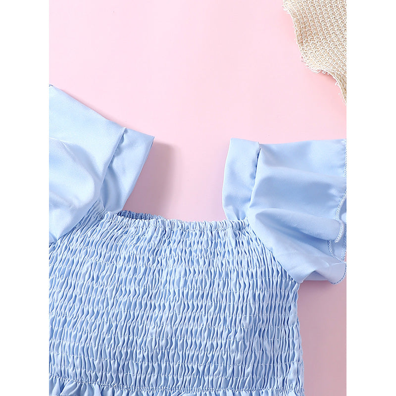 Girls Blue Square Neck Pure Cotton Top with Shorts