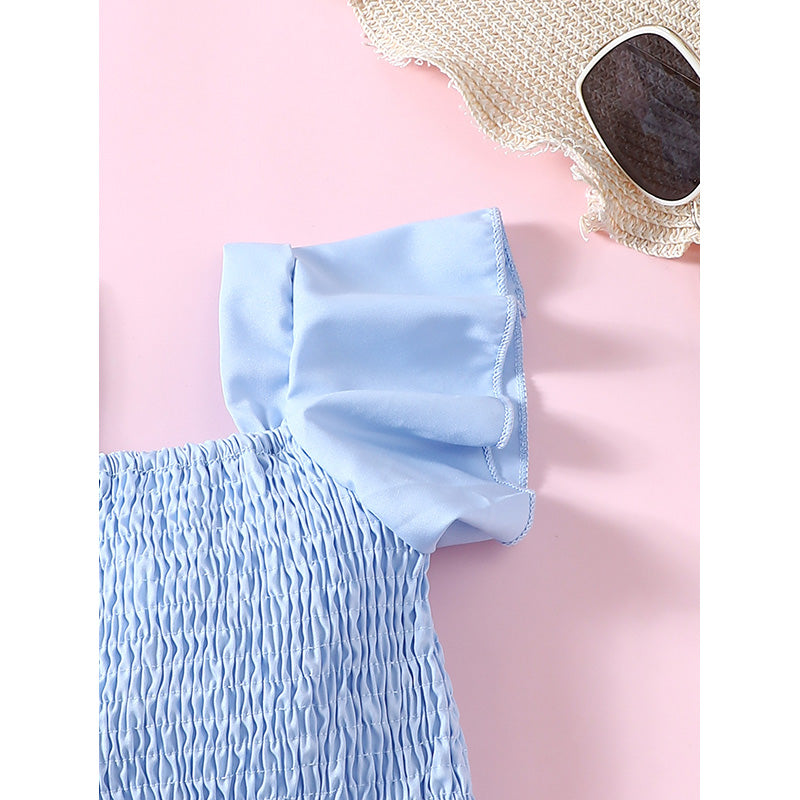 Girls Blue Square Neck Pure Cotton Top with Shorts
