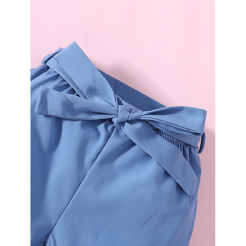 Girls Blue Square Neck Pure Cotton Top with Shorts