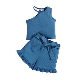 Girls Blue Striped One Shoulder Top With Shorts