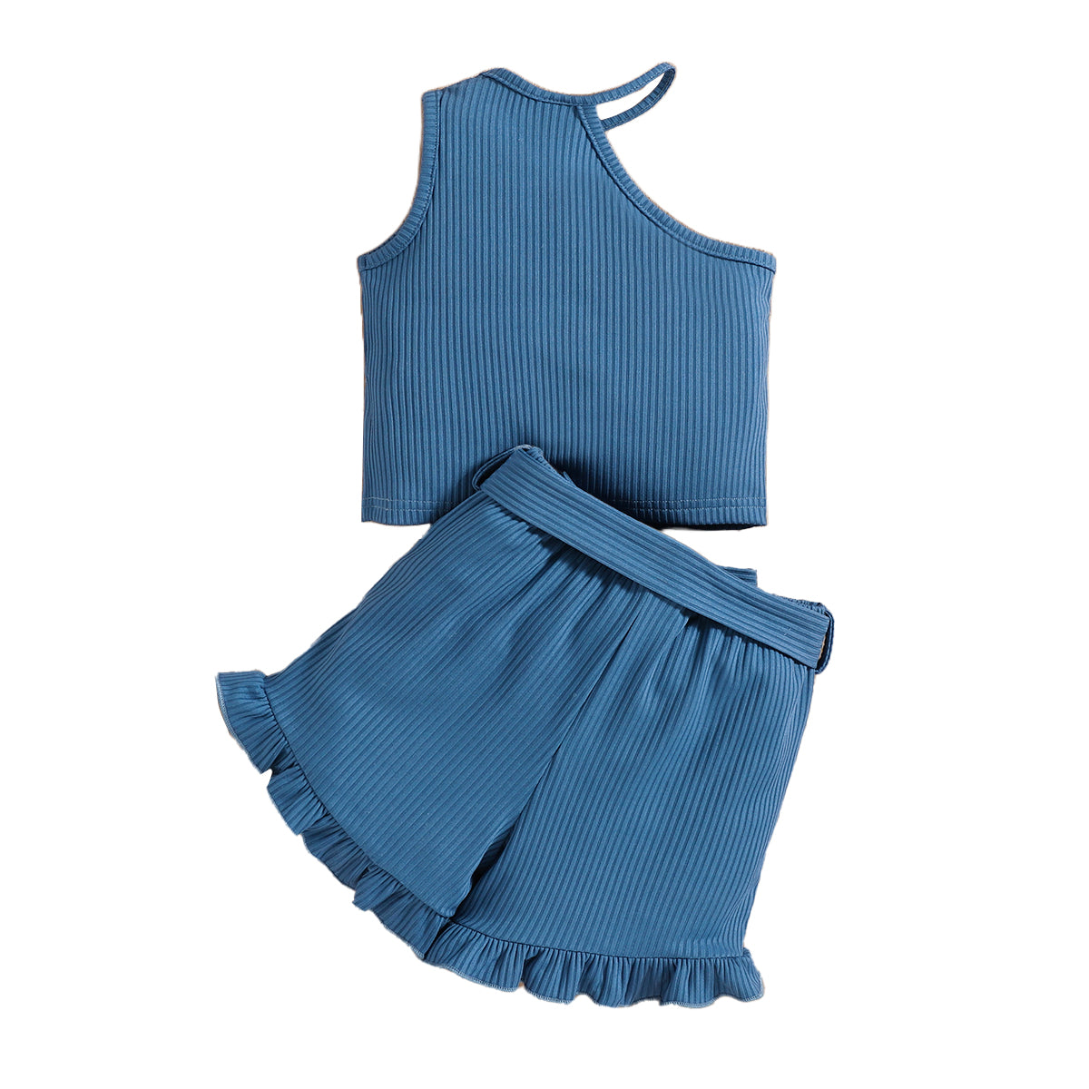 Girls Blue Striped One Shoulder Top With Shorts
