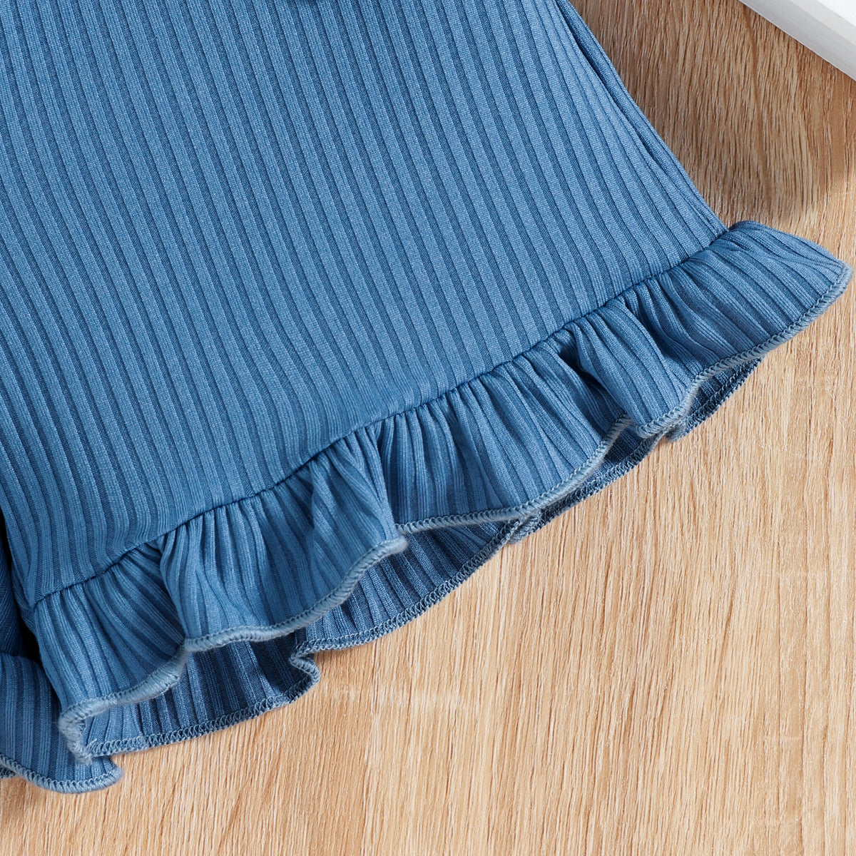 Girls Blue Striped One Shoulder Top With Shorts
