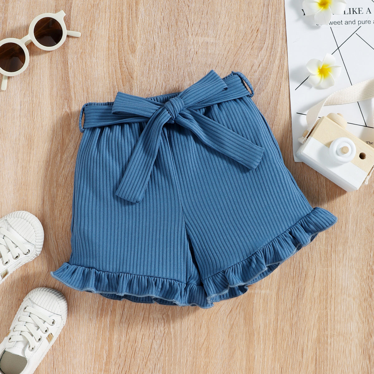 Girls Blue Striped One Shoulder Top With Shorts