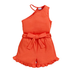 Girls Orange Self Design One Shoulder Top with Shorts