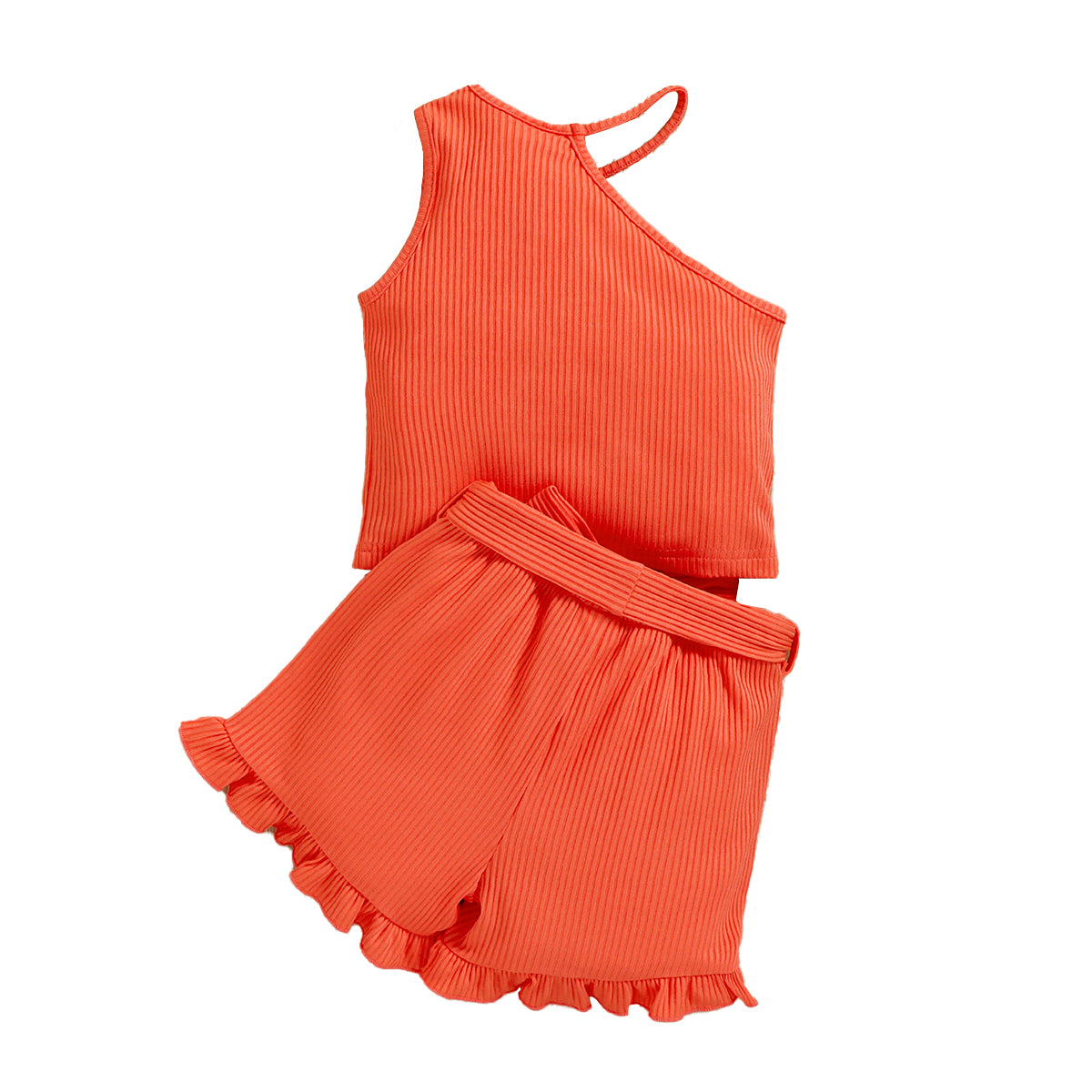 Girls Orange Self Design One Shoulder Top with Shorts